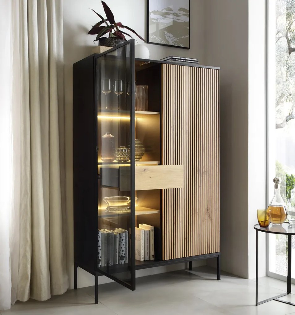 Vitrína Sento, čierna/dub wotan, s osvetlením