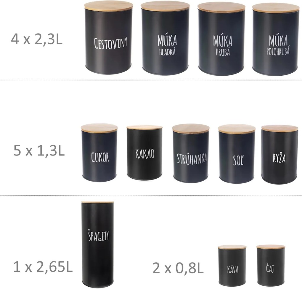 Orion Sada 12ks plechových dóz na potraviny, čierne, slovenské názvy, s bambusovým vekom SADA SK