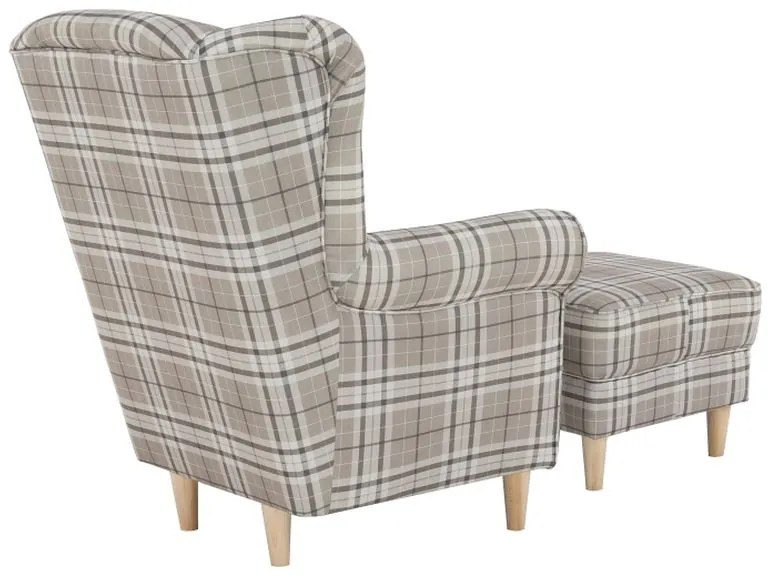 Kondela Kreslo, ušiak s taburetom, hnedé káro látka, ASTRID