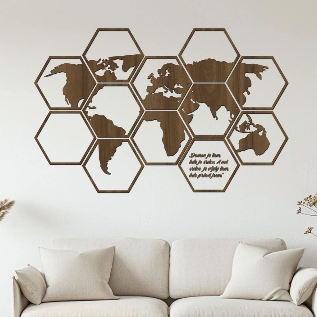 drevo zivota Drevená mapa sveta na stenu Hexagon Farebný vzor: Wenge, Veľkosť viacdielov: 93x60