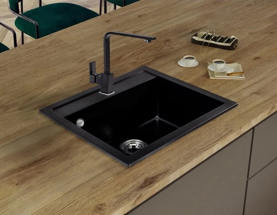 Sink Quality Ferrum, kuchynský granitový drez 565x510x205 mm + čierny sifón, čierna, SKQ-FER.C.1K60.XB