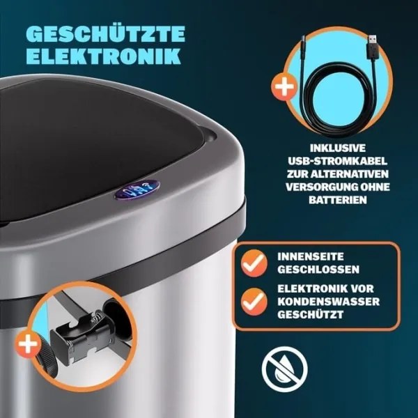 Bezdotykový Jumbo odpadkový kôš 70l strieborná USB kábel zdarma