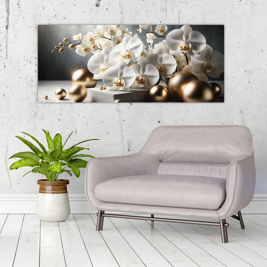 Obraz - Orchidea a zlaté gule (120x50 cm)