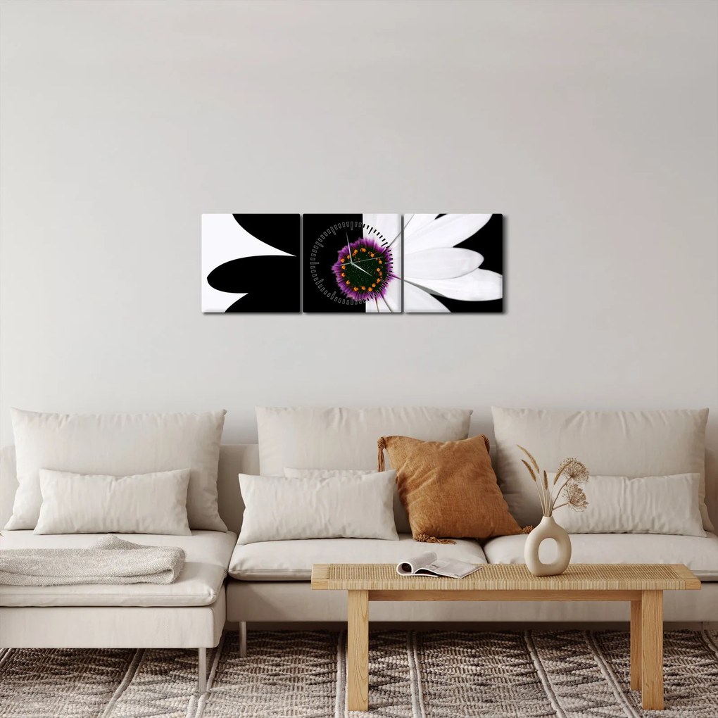 Obraz čiernobieleho kvetu (s hodinami) (90x30 cm)