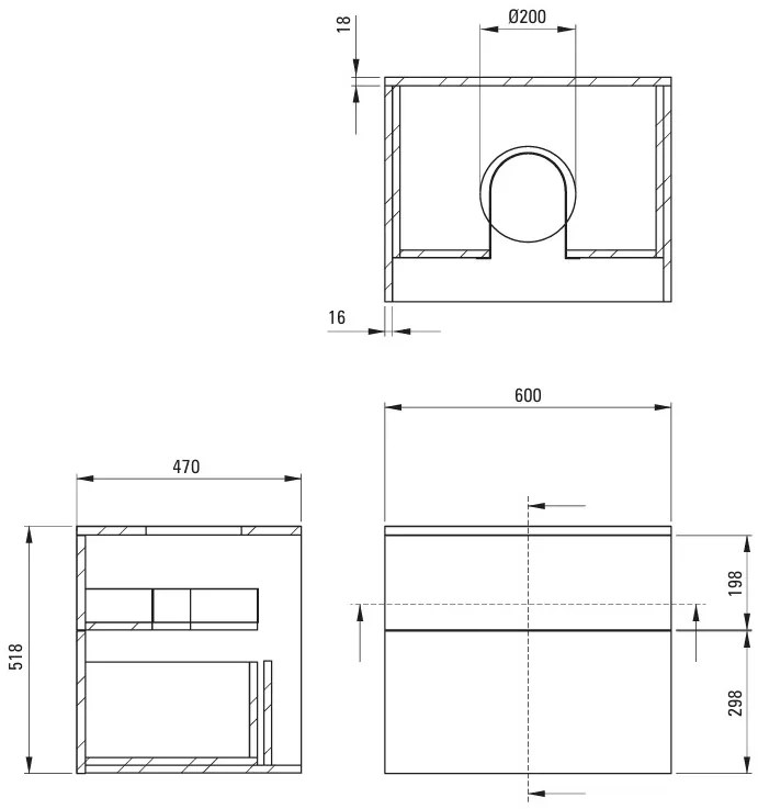 Deante Prizma, závesná skrinka s pultovou doskou 600x470x520 mm, čierna matná, DEA-SDI_NB61