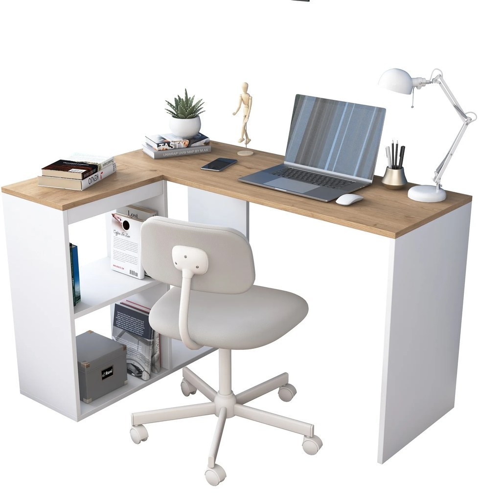 Rohový písací stôl Mario 120 cm s úložným regálom dub prírodný/biely