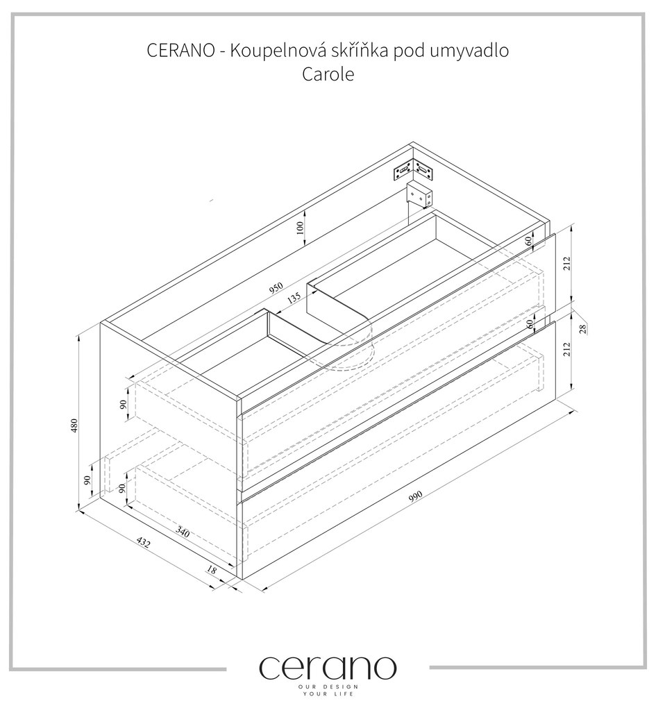 CERANO - Kúpeľňová skrinka pod umývadlo Carole - biela matná - 100x49, 8x46 cm