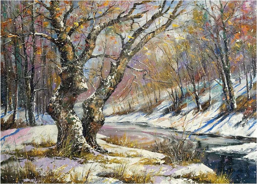 Sklenený obraz maľovanej zimnej krajiny (70x50 cm)