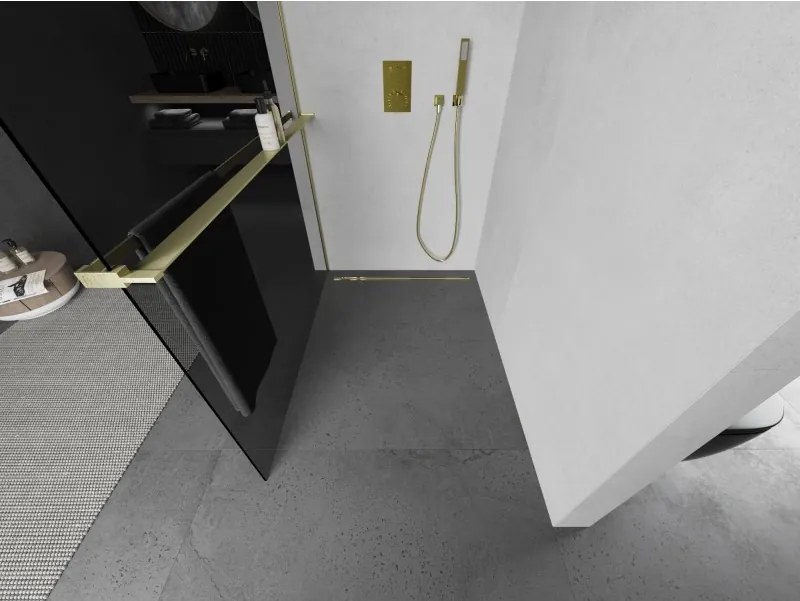 Mexen Kioto+ L, sprchová zástena Walk-In s poličkou a vešiakom 100 x 200 cm, 8mm šedé sklo, zlatý matný profil, 800-100-123-55-40