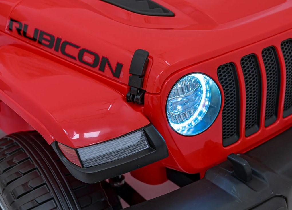 Ramiz Jeep Wrangler Rubicon na batérie pre deti červený + diaľkové ovládanie + rádio MP3 LED + kolesá EVA