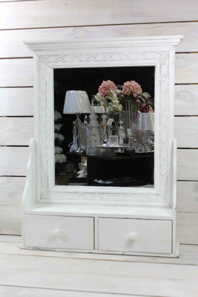 Drevené zrkadlo so šuflíkom - biele (46x63,5x12 cm)