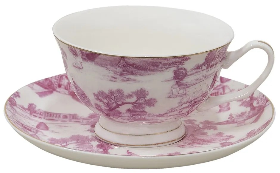 Bielo-ružová porcelánová šálka s tanierikom - Ø 10*6 / Ø 15*2 cm / 250 ml