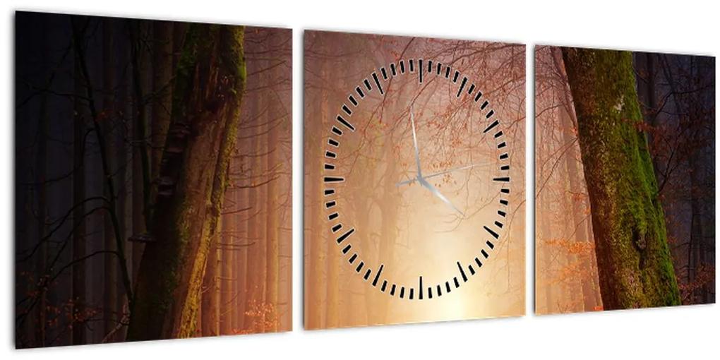 Obraz jesenného lesa v hmle (s hodinami) (90x30 cm)