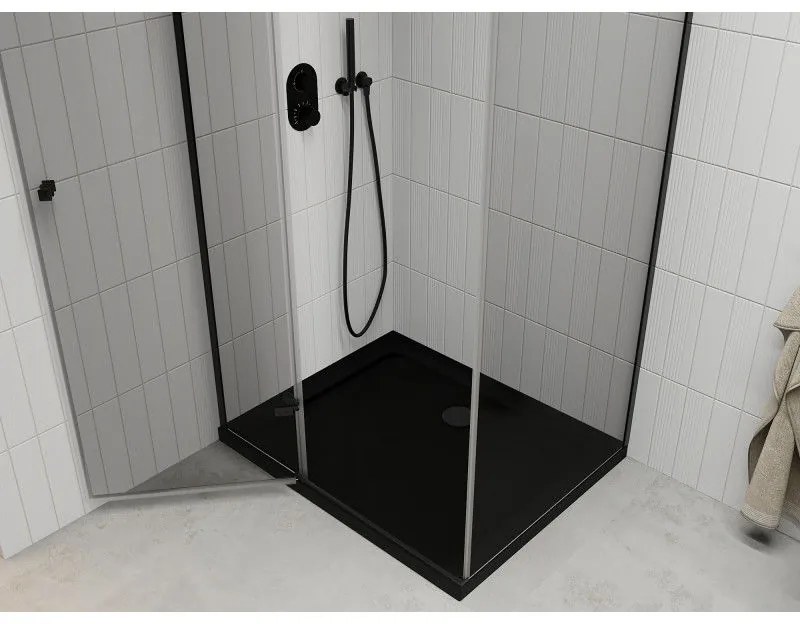 Mexen Roma, sprchovací kút s 1-krídlovými dverami 80 (dvere) x 120 (stena) cm, 6mm číre sklo, čierny profil, slim sprchová vanička 5cm čierna s čiernym sifónom, 854-080-120-70-00-4070B