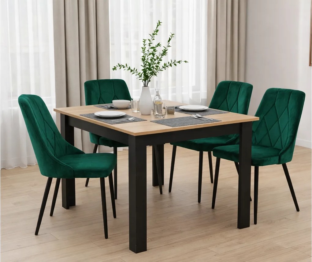 Jedálenská zostava stôl 120 x 80 cm craft čierny a 4 stoličky IMOLA zelené / čierne nohy