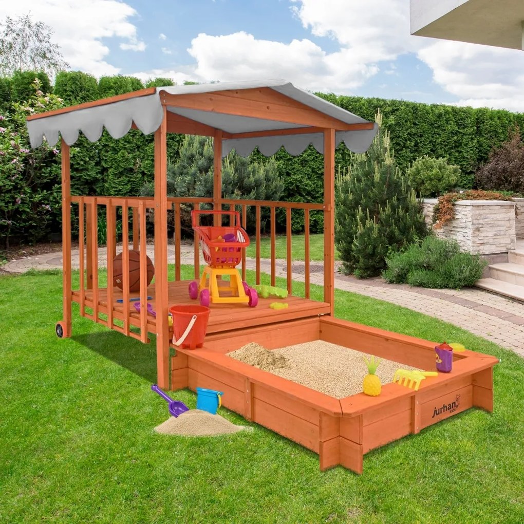 Pieskovisko s verandou HAPPY, 130x130x143 cm, hnedá/šedá Jurhan