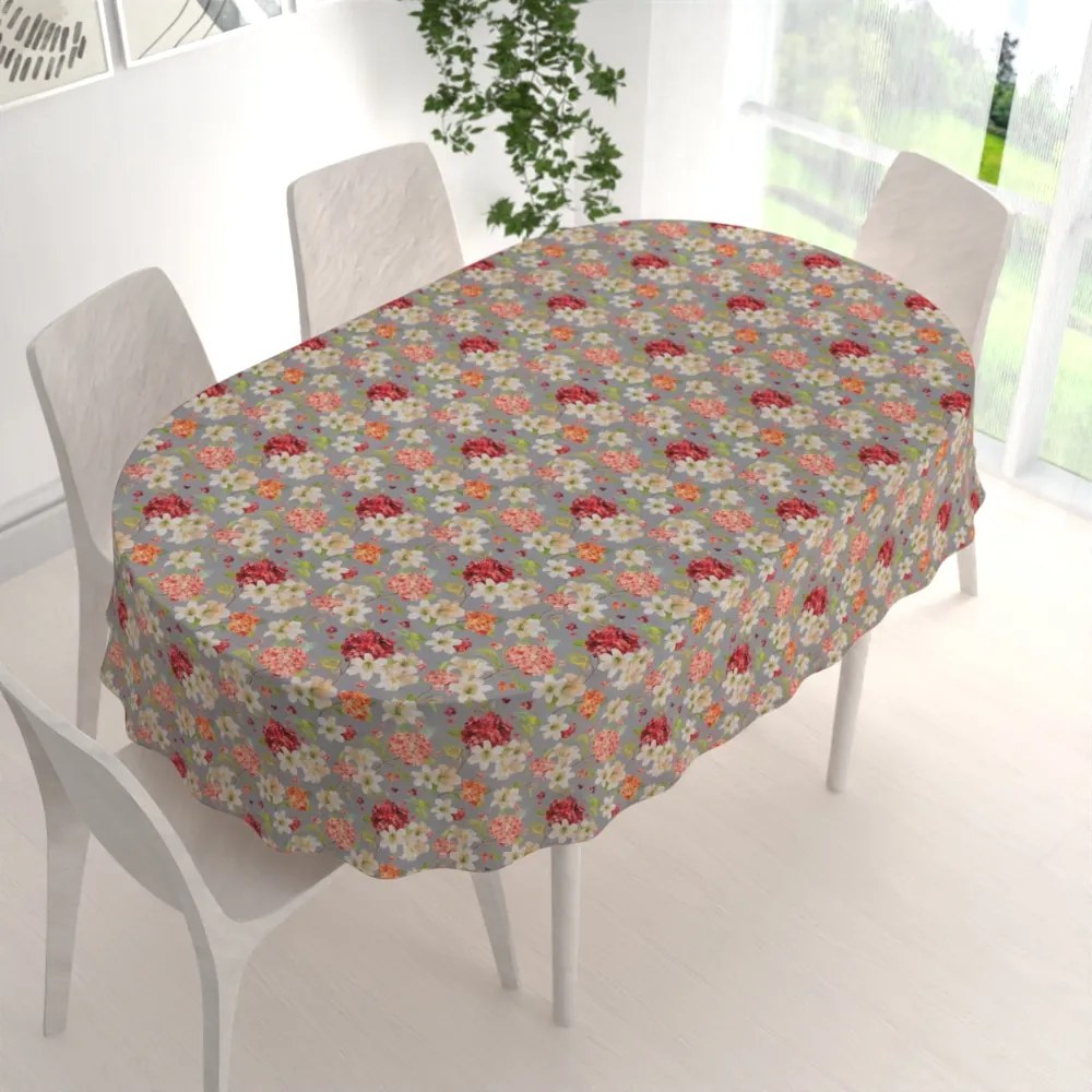 Biante Dekoračný oválny obrus PML-092 Hortenzie a ľalie na sivom 50x100 cm