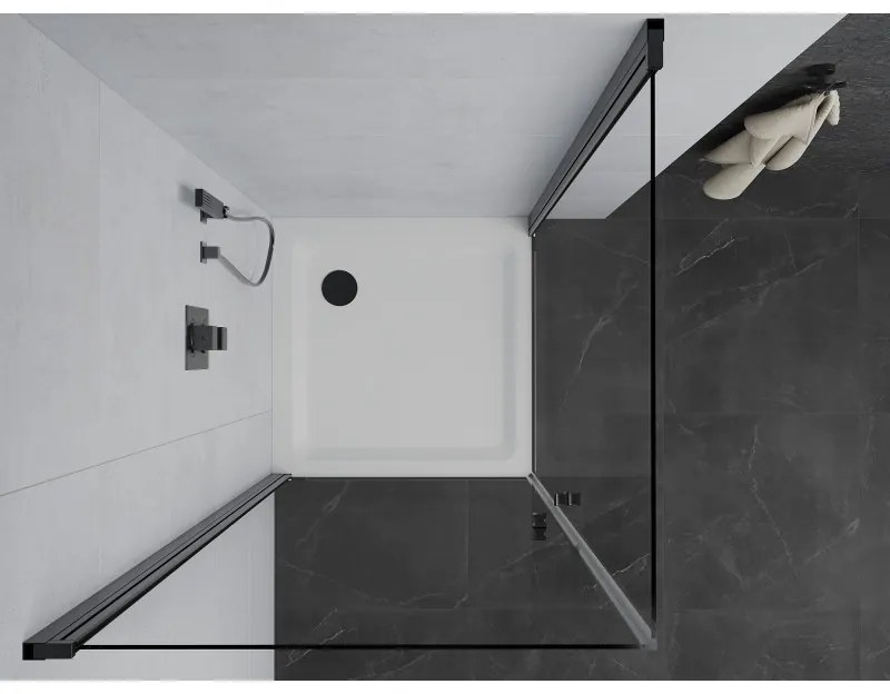 Mexen Pretoria Duo, sprchovací kút s 2-krídlovými dverami 70 (dvere) x 70 (dvere) cm, 6mm číre sklo, čierny profil + slim sprchová vanička 5cm biela s čiernym sifónom, 852-070-070-70-02-4010B