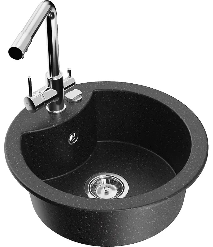 Mexen Diego, 1-komorový granitový drez 488x488x167 mm, šedá batéria Duero, šedá, 6512-73-671600-00