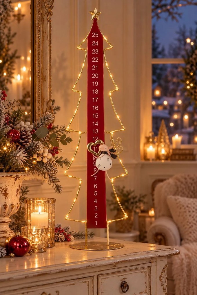 Adventní kalendář kovový Vánoční strom LED červená a zlatá – 23*12*78,5 cm