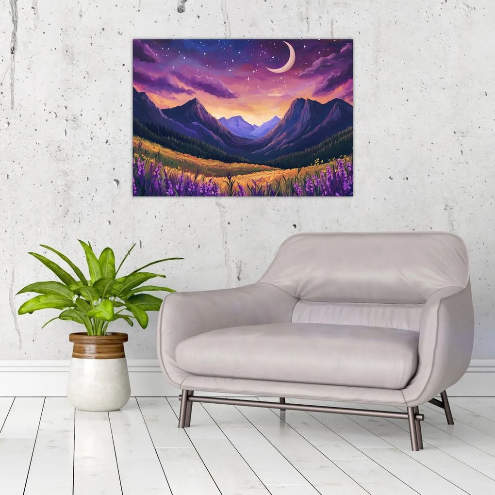 Sklenený obraz - Fialová krajina (70x50 cm)