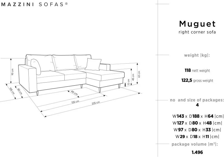 Zelená rozkladacia pohovka s úložným priestorom Mazzini Sofas Muguet, pravý roh
