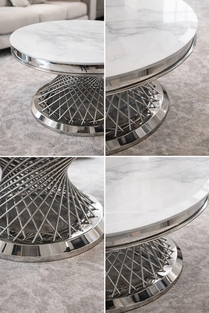 OKRÚHLY KONFERENČNÝ STOLÍK AUDREY BIELY MRAMOR + STRIEBORNÝ 80 cm