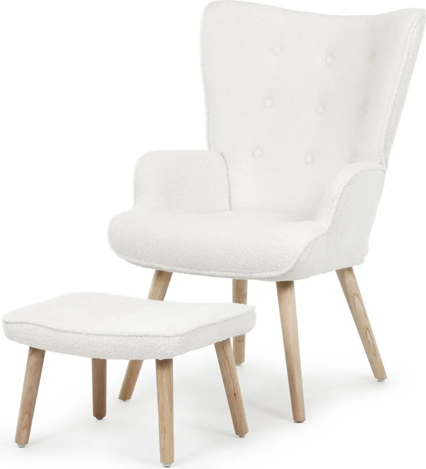 Relaxačné kreslo ušiak ROMEO II + taburet — masívne drevo, látka bouclé, prírodná / biela