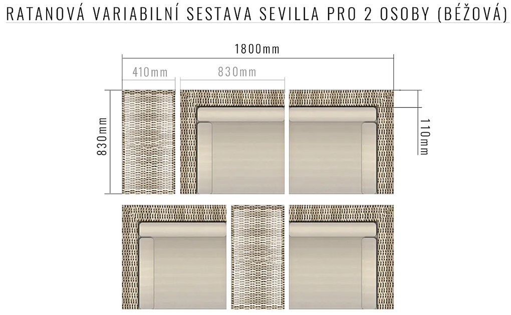 DEOKORK Ratanová variabilná zostava SEVILLA pre 2 osoby (béžová)