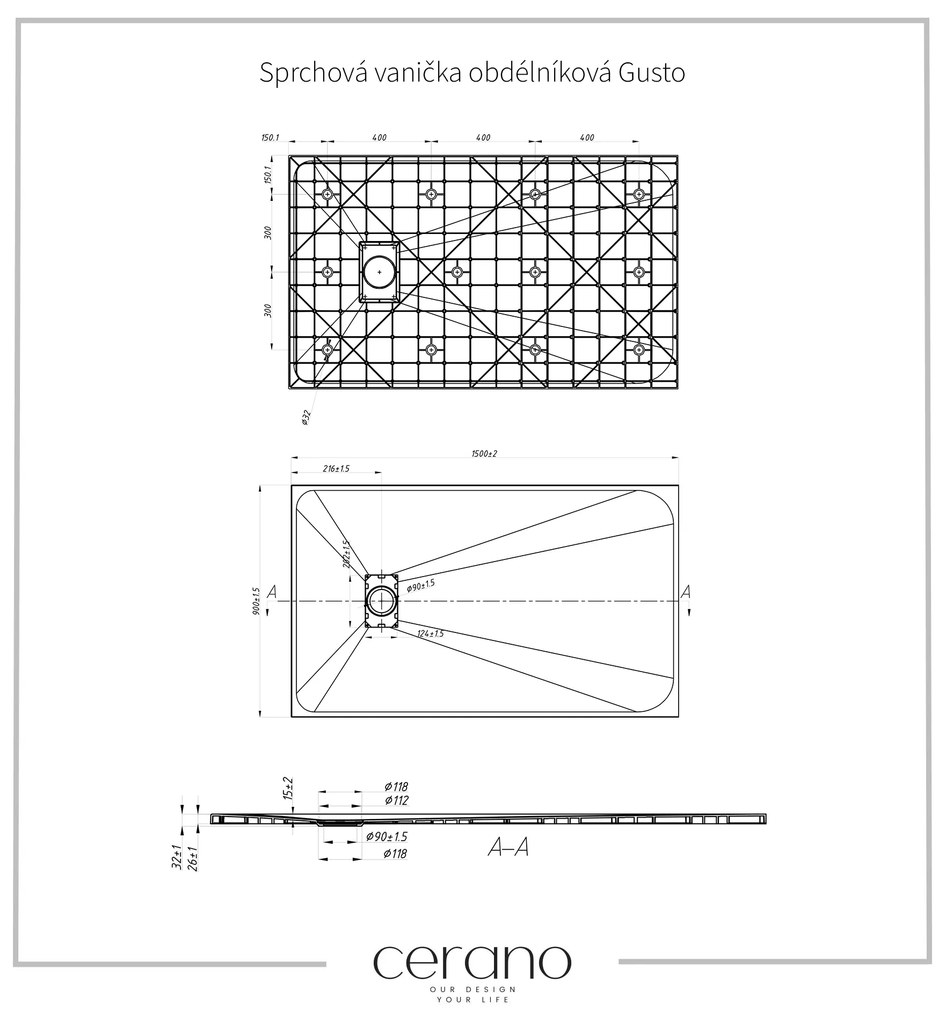 Cerano Gusto, obdĺžniková sprchová vanička 150x90x3 cm z minerálneho kompozitu, čierna matná, CER-CER-414740