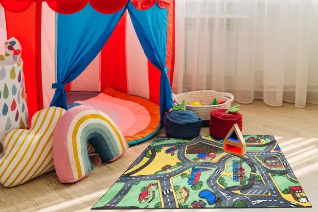 Detský koberec REBEL ROADS Playtime 95 Mesto protišmykový - sivý / zelený