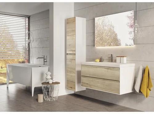 Kúpeľňový nábytkový set Evora 100 cm s keramickým umývadlom 2 otvormi na kohúty a zrkadlovou skrinkou dub prírodný