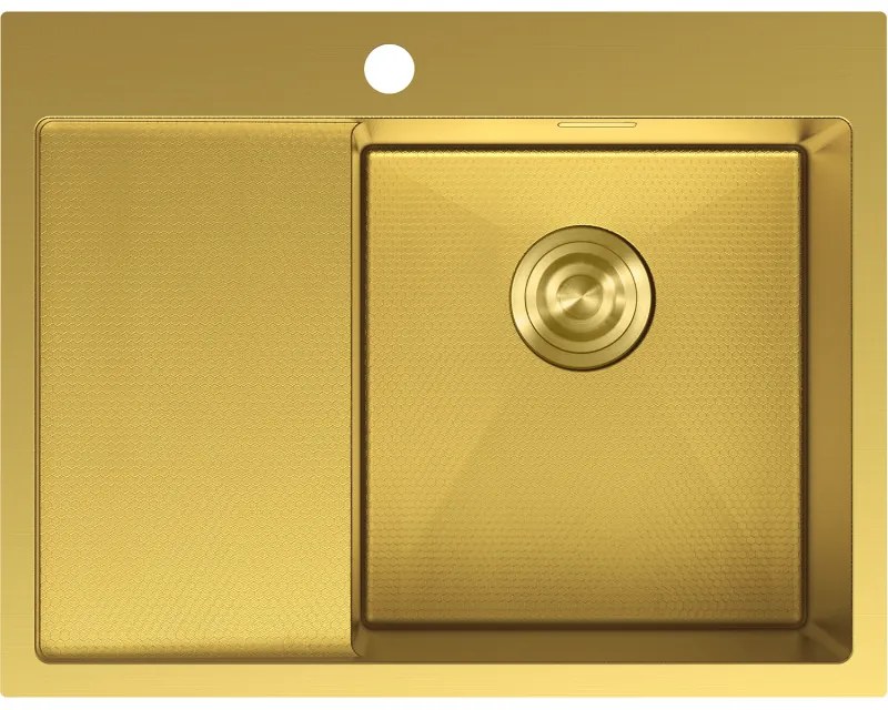 Mexen Exar, 1-komorový nerezový drez s odkvapkávačom, pravý, 620 x 480 mm, brúsená zlatá, vzor voština, 6432621005P-55HC