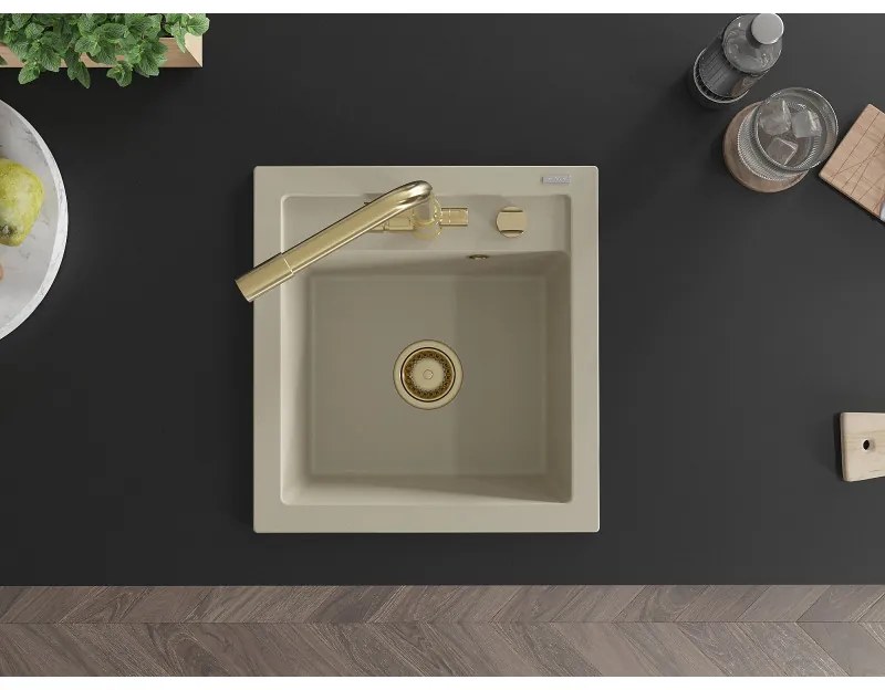 Mexen Vito, 1-komorový granitový drez 520x490x210 mm, zlatá batéria Duero, béžová, 6503-69-671600-50
