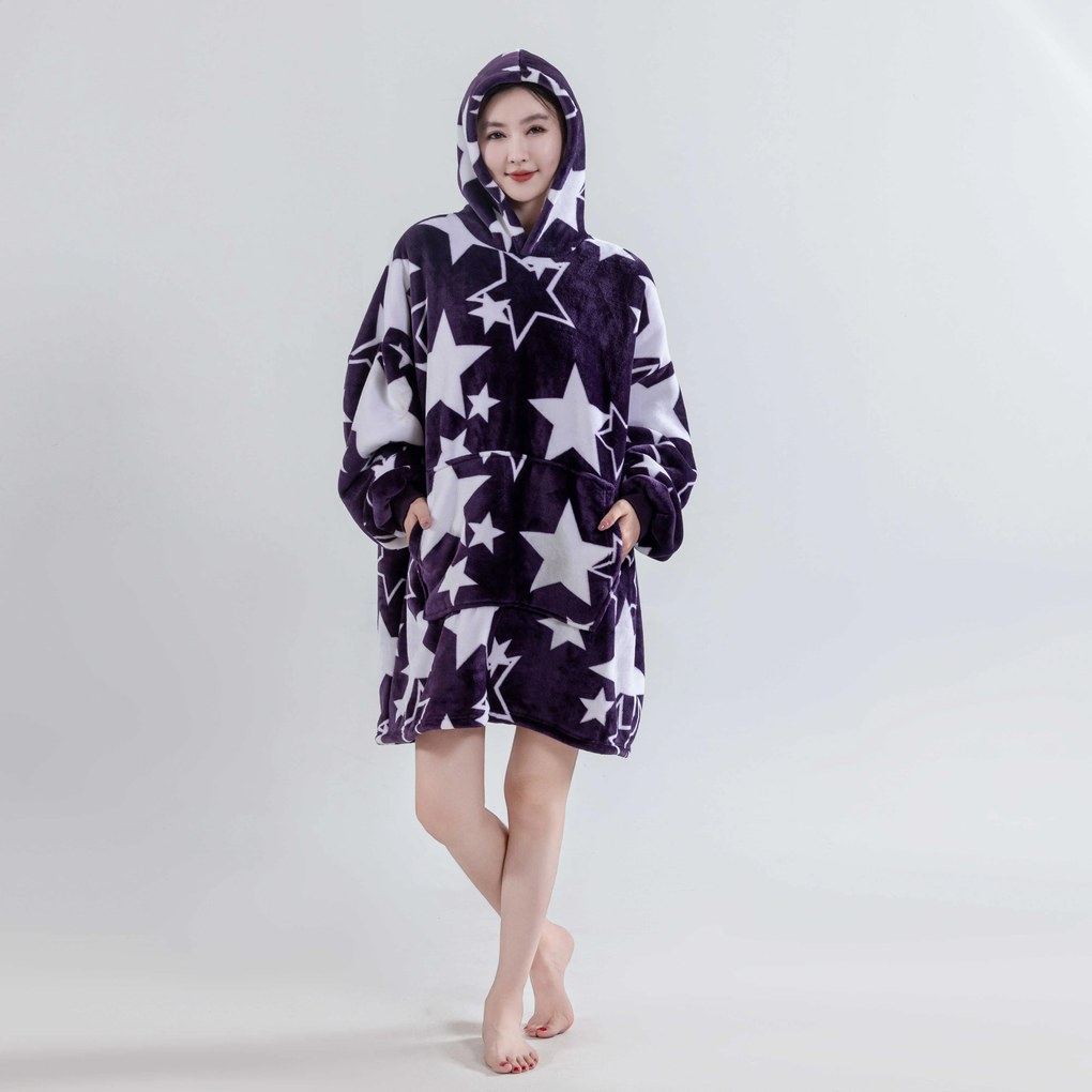 Baránková mikinová deka s rukávmi a kapucňou HVIEZDY fialová