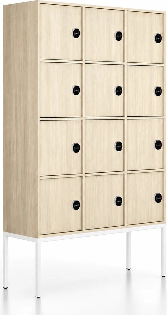 Kancelárska skriňa FRAME, biela podnož, 12x dvere, 1299 x 450 x 2185 mm, RFID zámok, dub prírodný