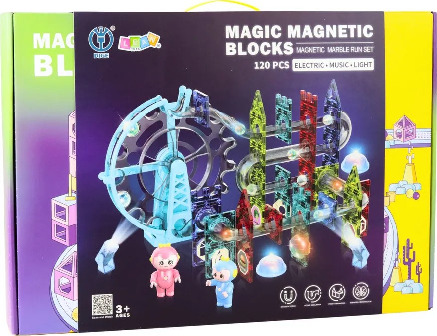 LEAN Toys Magnetické priestorové kocky, guľôčková dráha, postavičky, svietiace, 120 ks.