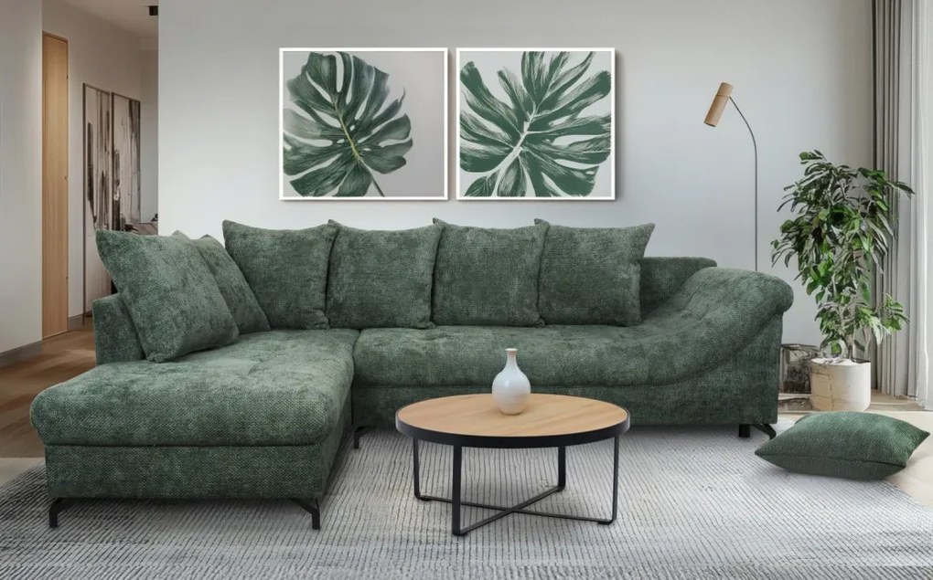 Rohová sedačka Kati, šedo-zelená látka, ľavý roh