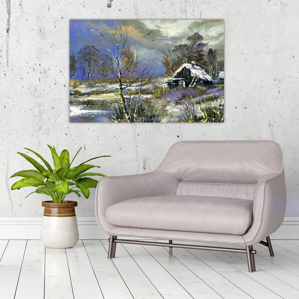 Obraz chalúpky v zimnej krajine, olejomaľba (90x60 cm)