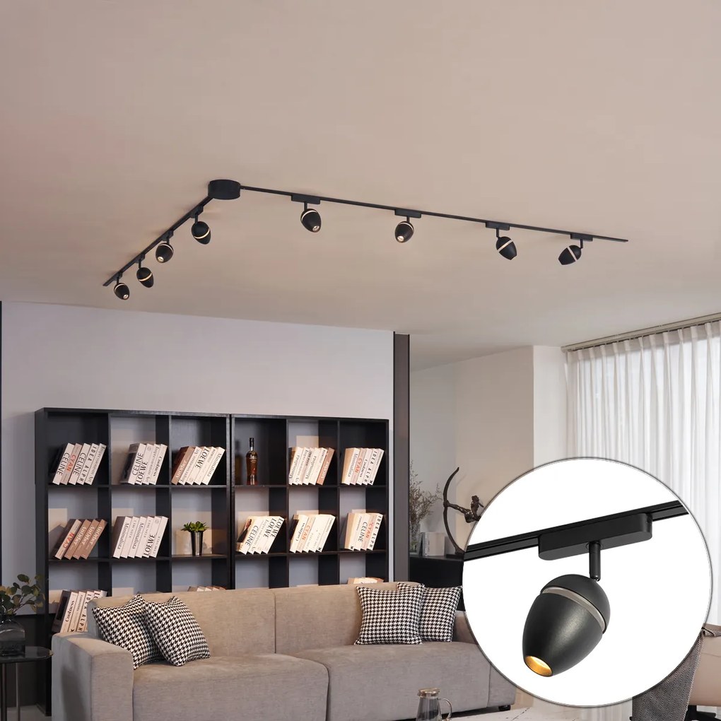 Moderný koľajnicový systém s 8 čiernymi bodovými svetlami 1-fázový - Magnetic Eggy