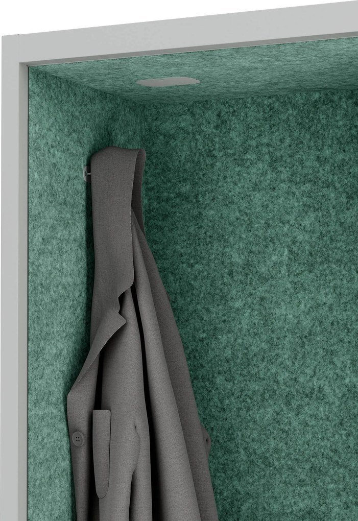 Kancelárska akustická kabína so sedadlom a portom USB-C, telo v sivá farbe / sedadlo v zelenej farbe, 600 mm: SALLY MentalBox