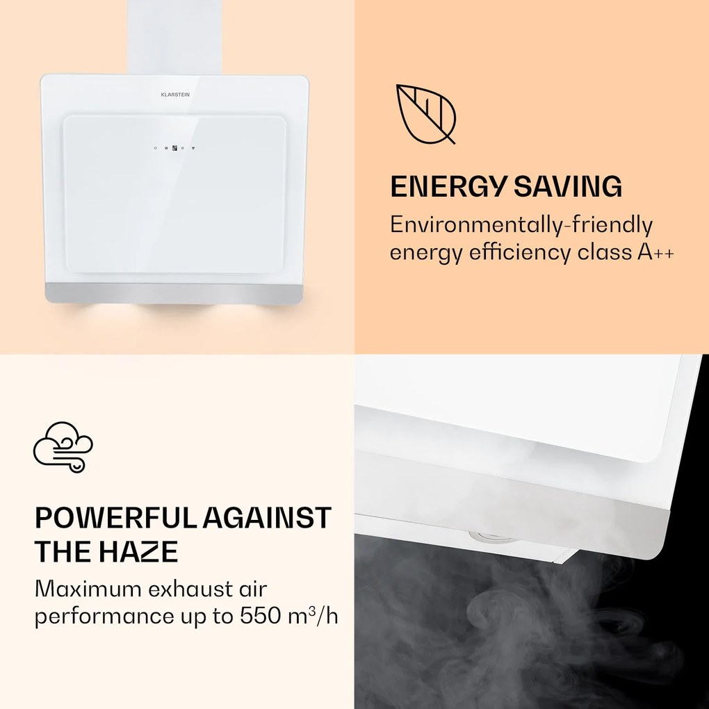 Klarstein Aurora 60 Smart, digestor, 60 cm, komínový, 550 m³/h, LED podsvietenie, A++, biely