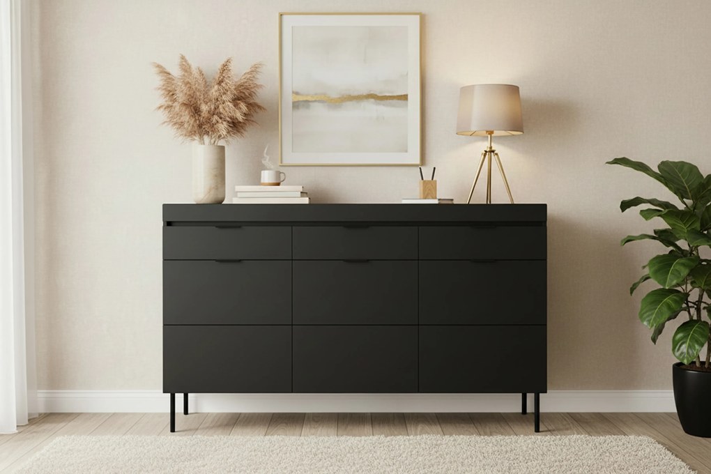 Komoda Sentia 157 cm s 3 zásuvkami - čierna / čierna