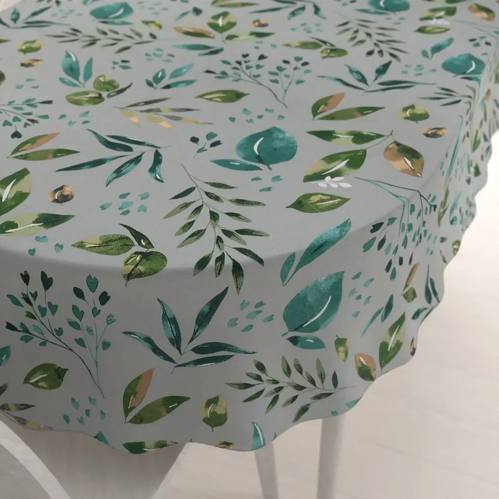 Biante Bavlnený oválny obrus Sandra SA-430 Modro-zelené listy na sivom 140x160 cm