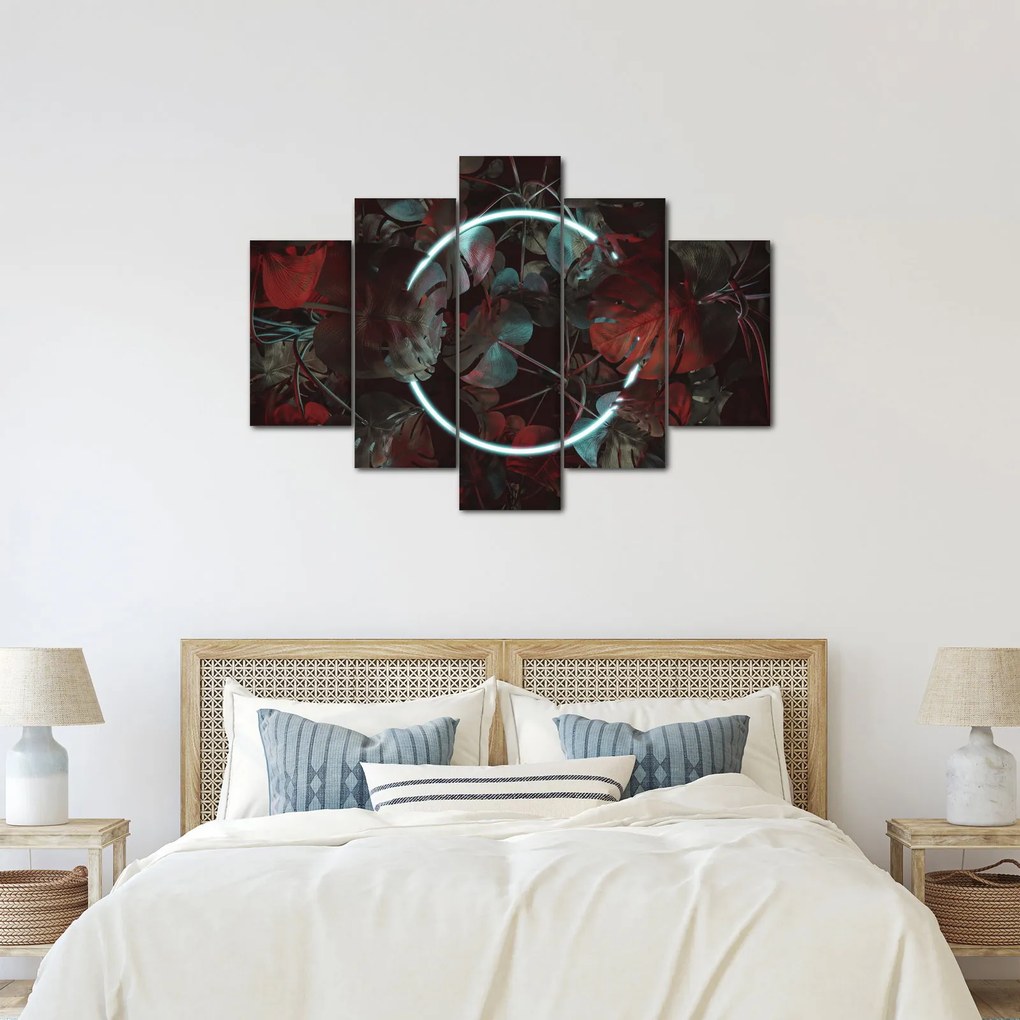 Obraz - Neónový kruh medzi palmami (150x105 cm)