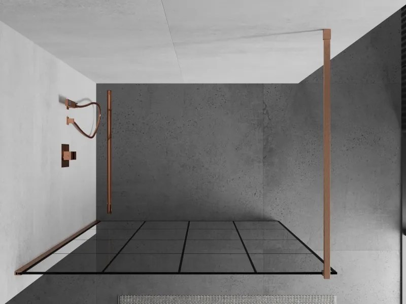 Mexen Kioto, sprchová zástena Walk-In 130 x 200 cm, 8mm číre sklo čierny vzor, medený matný profil, 800-130-101-65-77