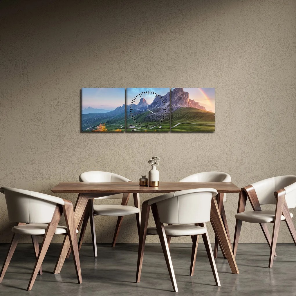 Obraz dúhy nad skaliskami (s hodinami) (90x30 cm)