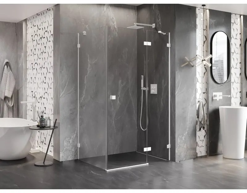 Mexen Lunar, pravostranný výklopný sprchový kút 90 x 80 cm, 8mm číre sklo, biely profil, 834-090-080-20-00-P