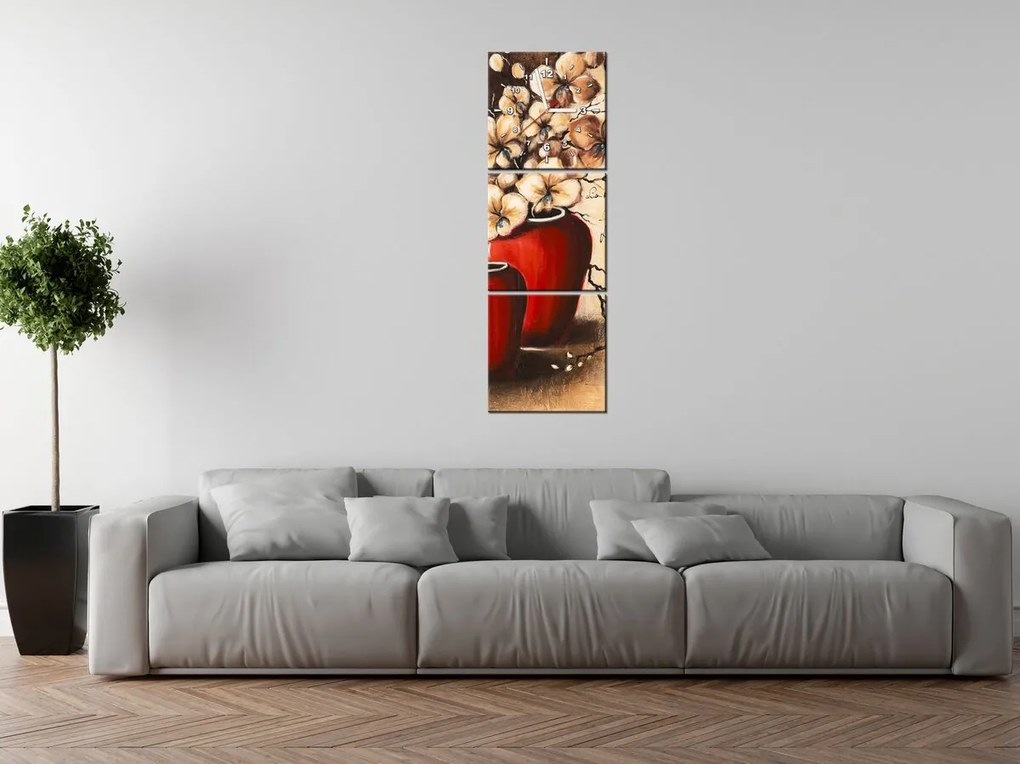 Gario Obraz s hodinami Orchidei v červenej váze - 3 dielny Rozmery: 90 x 70 cm