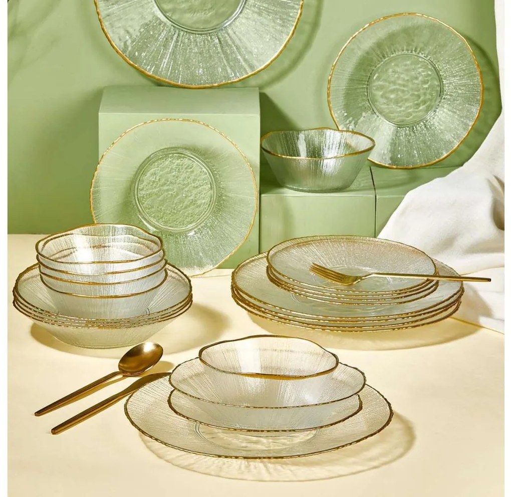24-dielna jedálenská sada z číreho skla so zlatými detailmi